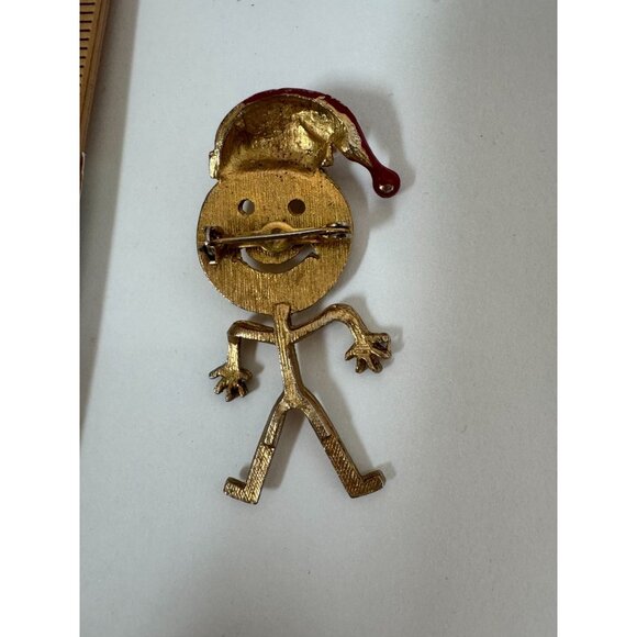 Gold-Toned Stick Figure Brooch With Enamel Santa Hat & Faux Pearl Trim - Picture 7 of 16